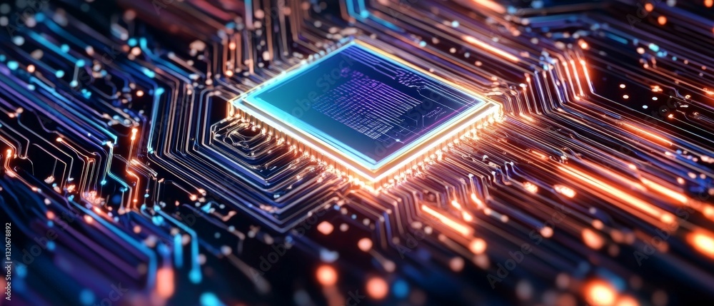 Aufkleber advanced quantum processor chip with blue glowing circuits on futuristic motherboard illustrating di