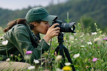 Fototapeta premium A young woman with a green cap photographing flowers in a vibrant field, showcasing her passion for nature and photography. Photo Expedition, Lens on Location