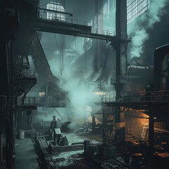 Black-and-white industrial factory with machinery and steam-filled air. Vintage manufacturing, mechanical atmosphere, industrial revolution, powerful engineering, historical technology. Generative AI.
