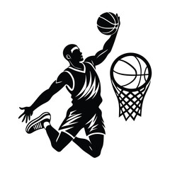 Basketball Player Silhouette in Action, Dynamic Dunk and Shooting Pose Vector Illustration
