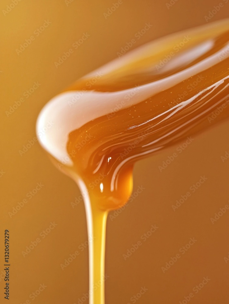 Poster close-up of a droplet of honey dripping from a spoon. the honey is a golden-brown color and appears 