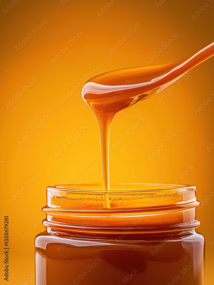 Poster jar of honey with a spoonful of honey dripping from it. the jar is made of glass and has a round bas
