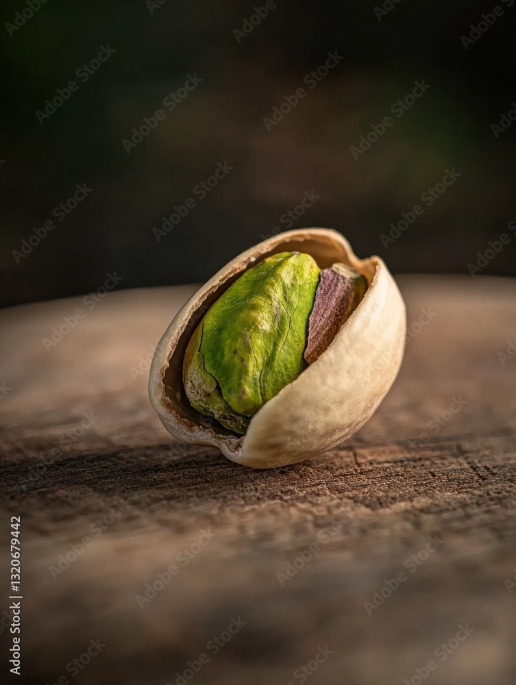 Poster close-up of a pistachio nut on a wooden surface. the nut is open, revealing the inside of the shell.