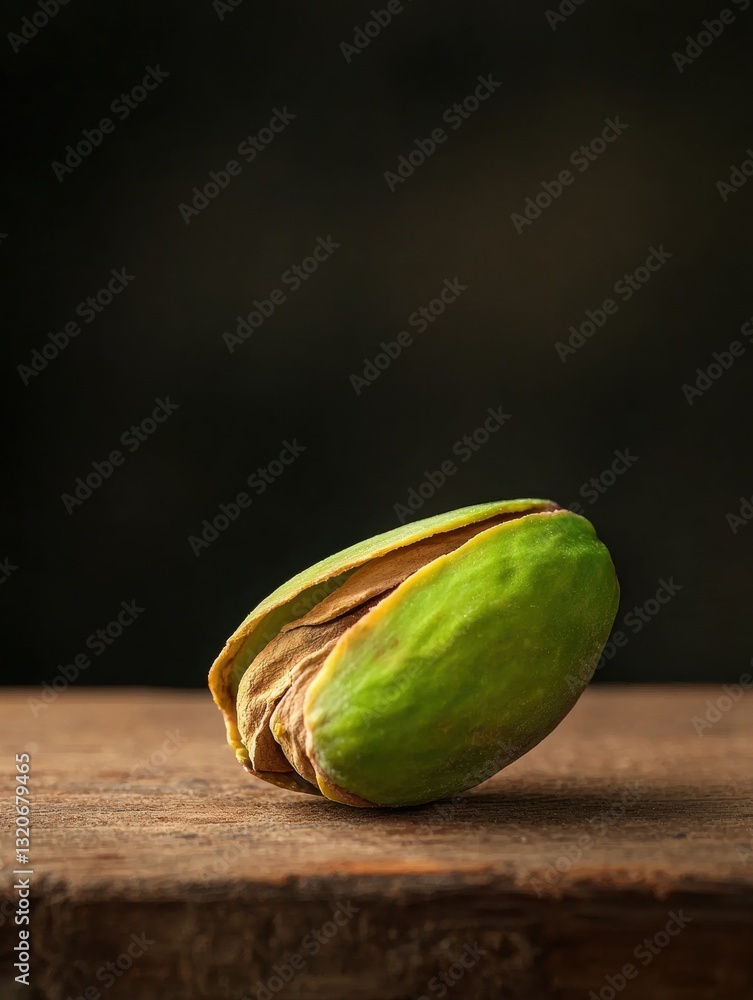 Aufkleber close-up of a single green nut on a wooden surface. the nut is in the center of the image, with its 