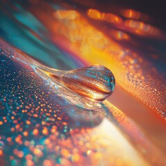 A single water droplet resting leaf, reflecting glowing lights. Macro photography, natural wonder, delicate balance, organic beauty, surreal reflections, magical moment, soft colors. Generative AI.