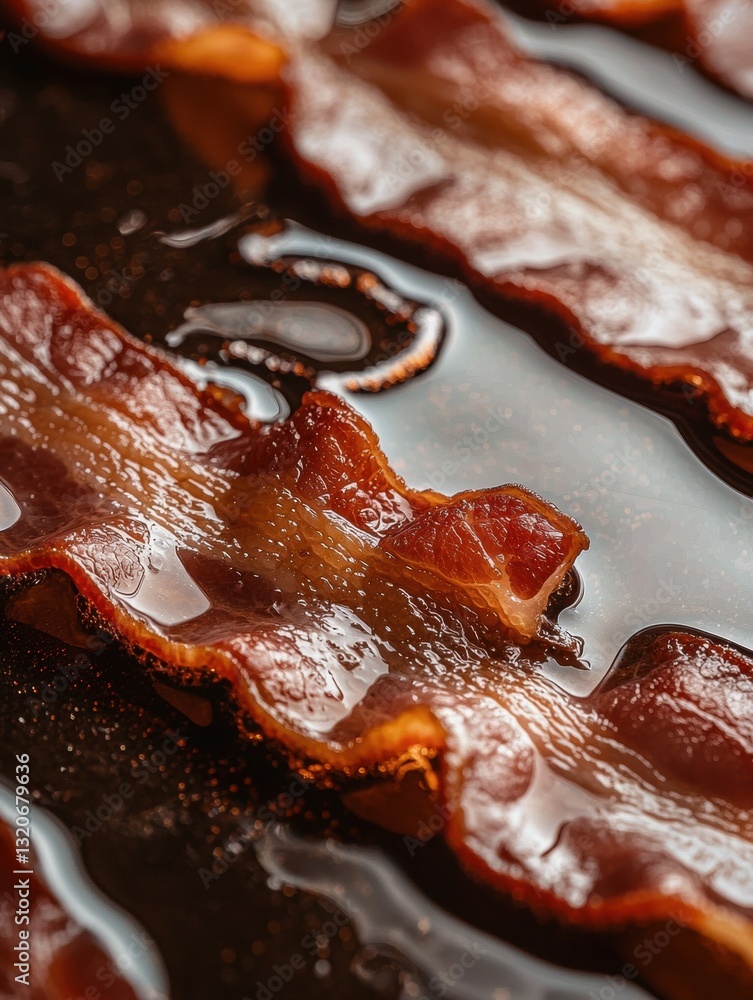 Poster close-up of a group of bacon strips on a black surface. the bacon strips are arranged in a scattered