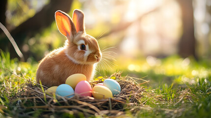 A fluffy brown rabbit nibbling on grass near an Easter nest filled with colorful eggs, with sunlight streaming through the trees.A fluffy brown rabbit nibbling on grass near an Easter nest filled with