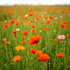 Fototapeta premium Nature background - meadow full of poppy flowers.