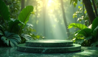 Lush Tropical dark green marble podium, front view focus, with a sunlit rainforest leaves background, ideal for organic skincare product displays