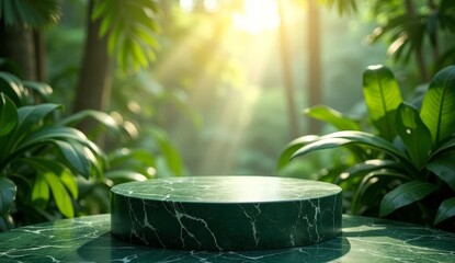 Lush Tropical dark green marble podium, front view focus, with a sunlit rainforest leaves background, ideal for organic skincare product displays