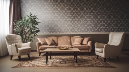 Elegant Living Room Interior Design with Vintage Sofa and Armchairs