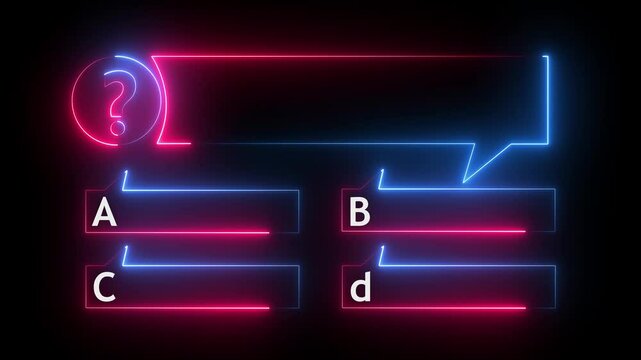 glowing Quiz question Animation with option selection on black background. neon lights quiz game animation. 4k motion graphic animation.