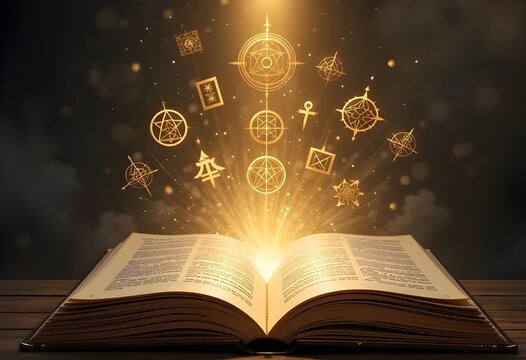 Glowing magical book with floating golden symbols and light - Powered by Adobe