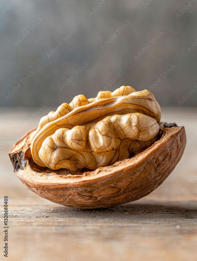 Poster close-up of a walnut shell on a wooden surface. the walnut is open, revealing the interior of the sh