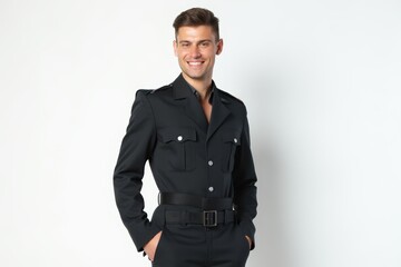 Half-Length (Waist-Up) portrait of young stylish smiling Icelander male model in uniform wear isolated on pure white background looking at camera
