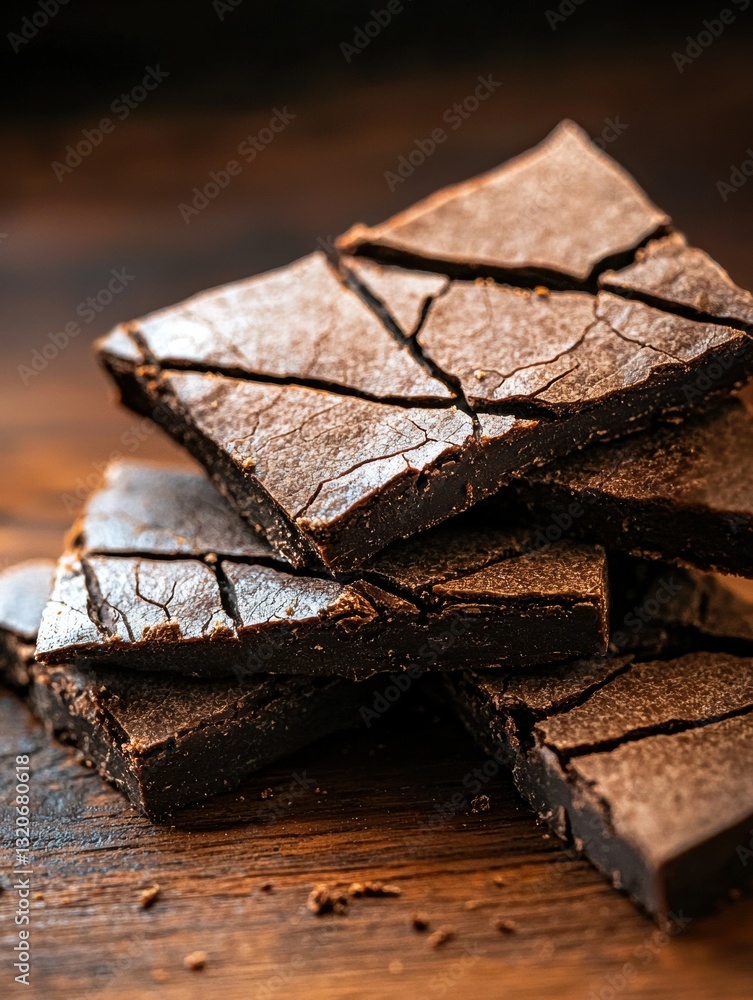 Poster stack of dark chocolate bars on a wooden surface. the bars are arranged in a neat stack, with each b