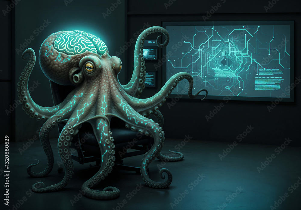 Poster giant octopus cyber hacker ruler of the world . generative ai