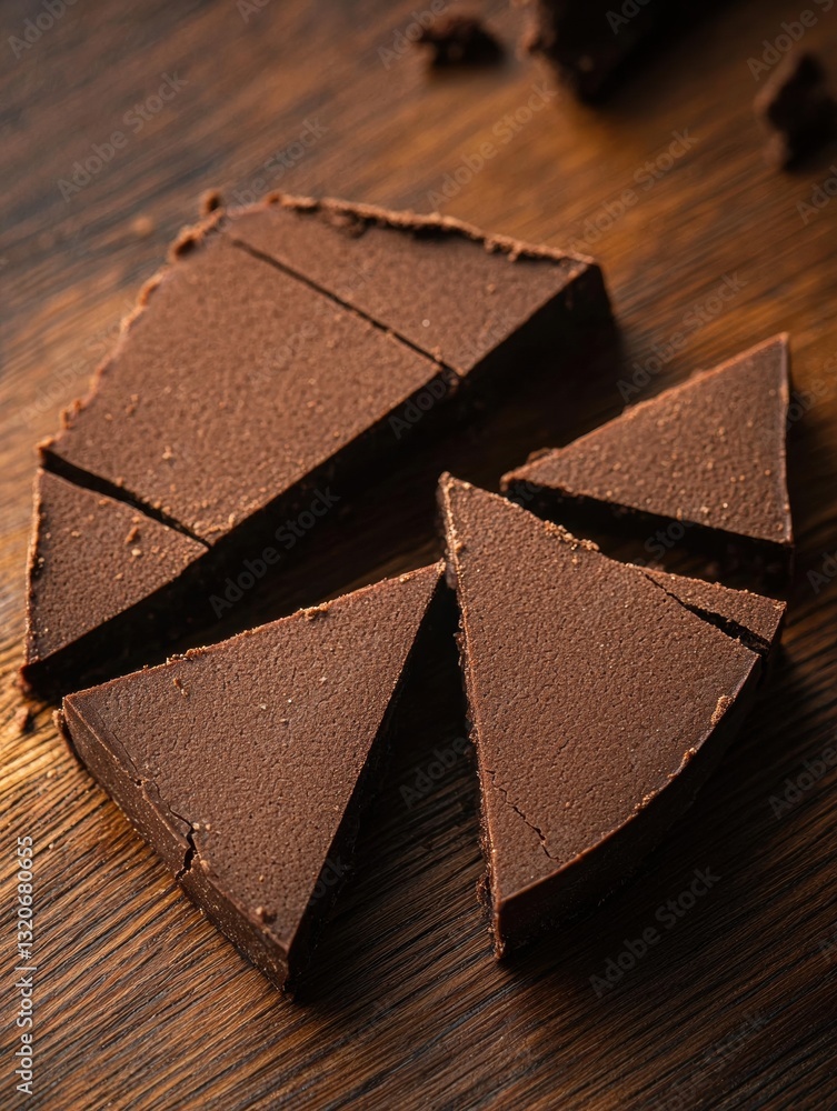 Aufkleber four triangular pieces of chocolate on a wooden surface. the chocolate appears to be dark in color a