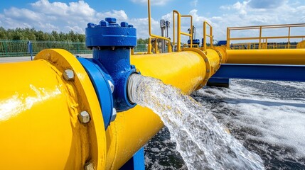 Bright Yellow Pipeline with Water Flowing Against a Blue Sky