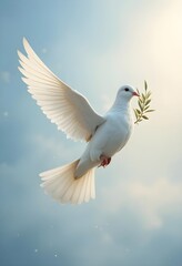 Fototapeta premium Majestic white dove soaring in the sky with an olive branch, symbolizing peace and hope, illuminated by soft golden sunlight against a serene blue background.