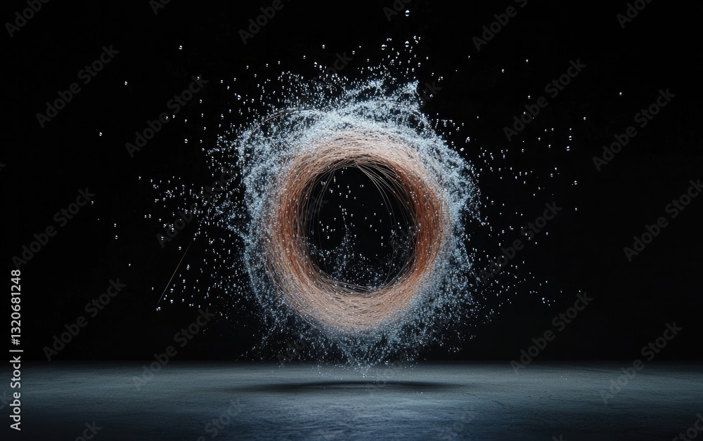 Poster abstract image of a glowing copper ring surrounded by white particles against a black background. th