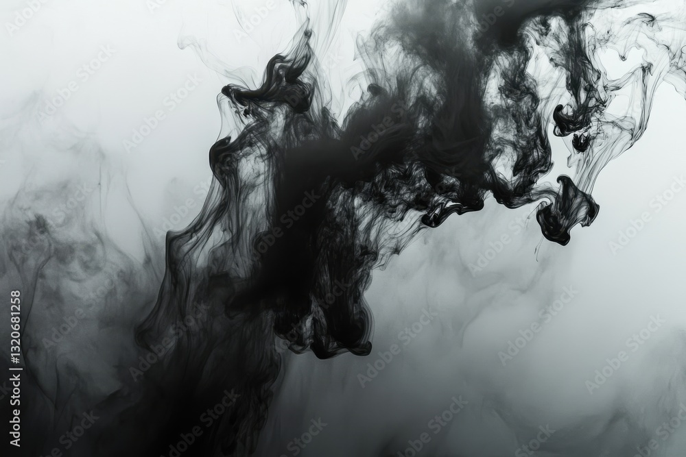 Poster ethereal ink cloud shapes in light backdrop. monochrome droplets in fluid. artistic visual for pollu