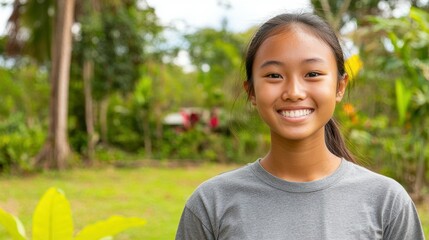 A girl is smiling and wearing a gray shirt