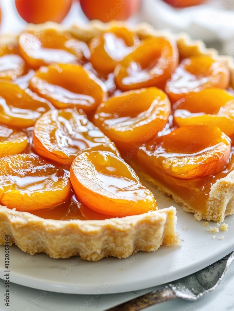 Poster Close-up of a tart on a white plate. the tart has a golden-brown crust and is filled with sliced apricots arranged in a circular pattern on top.