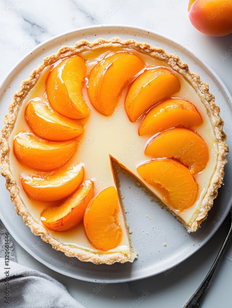 Poster the image is of a peach tart on a white plate with a slice taken out of it. the tart has a golden br