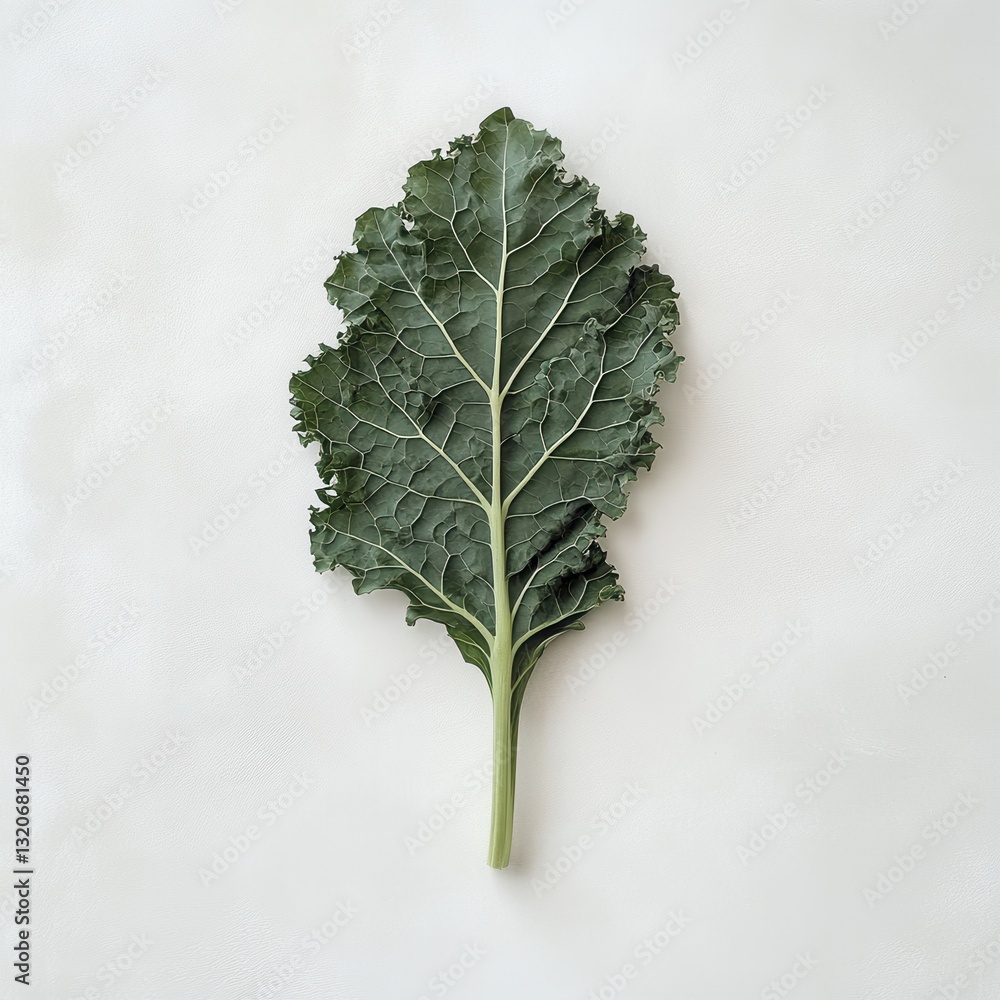Poster Fresh kale leaf displaying deep green curls and natural texture with a neutral background for a vibrant organic presentation