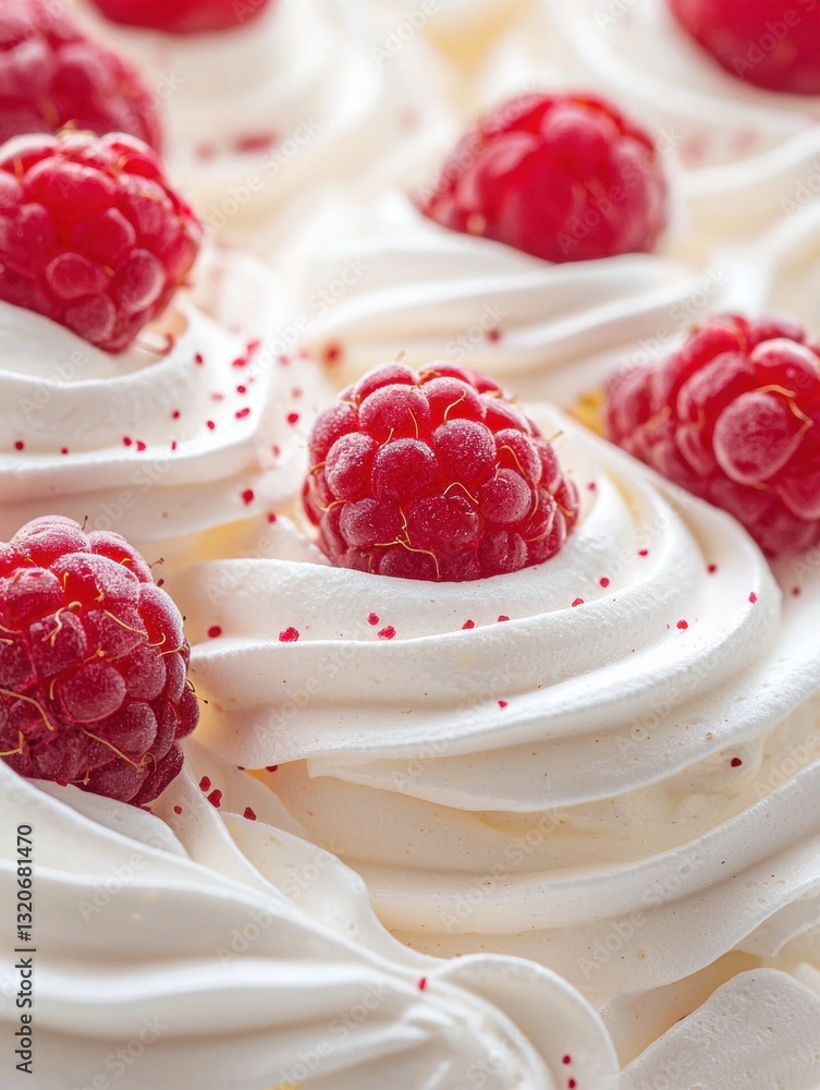 Aufkleber close-up of a group of cupcakes with white frosting and fresh raspberries on top. the cupcakes are a