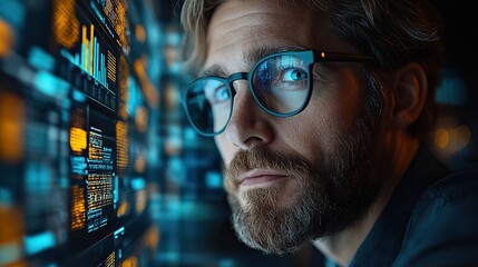 In a futuristic office, a focused businessman analyzes data charts using advanced technology for financial strategy and high tech business solutions.