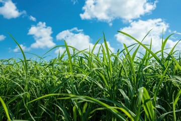 Fototapeta premium Lush green grass landscape under clear blue skies ideal for nature lovers and outdoor adventure themes