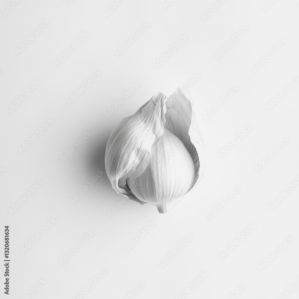 Poster clove of garlic on a smooth white surface highlighting its texture and natural beauty in a minimal s