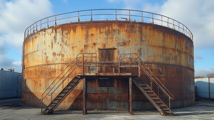 A large, weathered oil storage tank features safety railings and sturdy access ladders. The tank is situated in an industrial area against a backdrop of fluffy clouds and blue sky