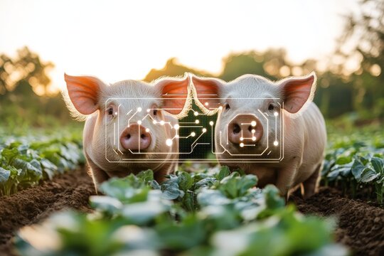 Two piglets with digital overlay of AI driven analytics and genetic data representing the future of precision pig farming and intelligent livestock management - Powered by Adobe
