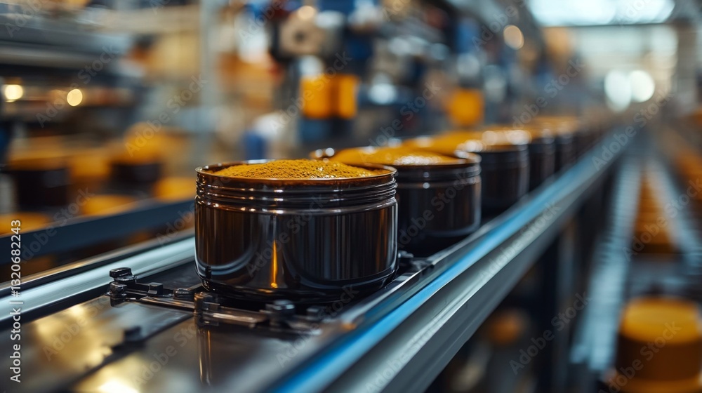 Poster Containers filled with processed materials move along a conveyor belt in a manufacturing facility. This automated system enhances efficiency in petrochemical synthesis and refining.