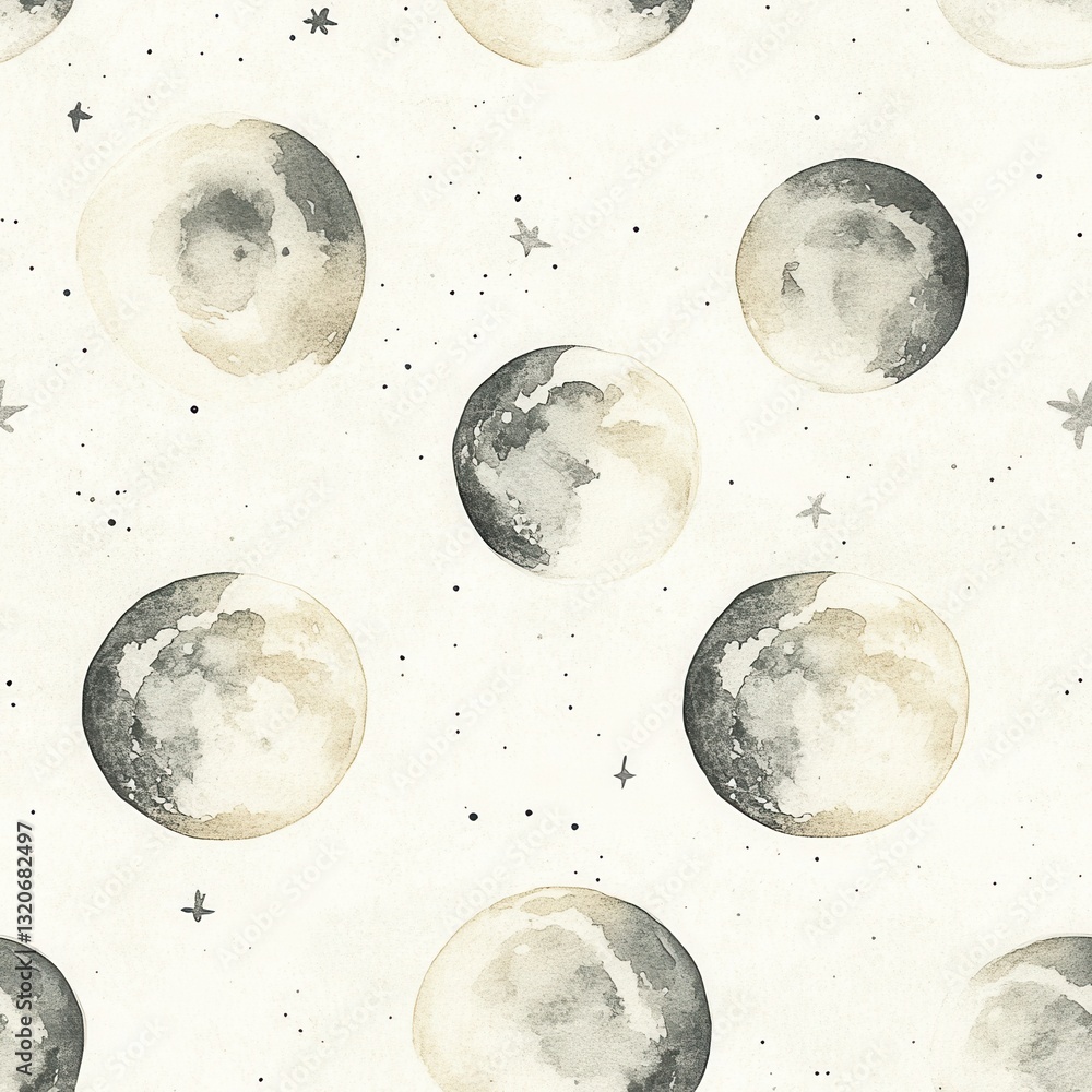 Poster serene watercolor doodle of moons and stars creates a calming atmosphere in a celestial pattern
