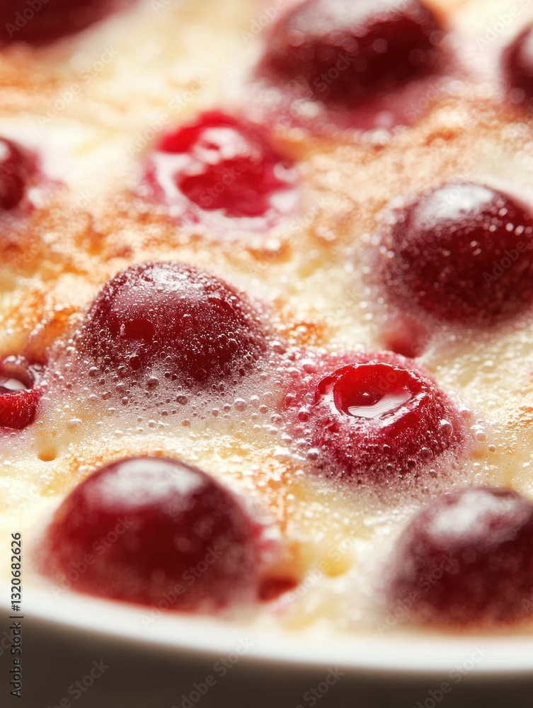 Poster close-up of a dish with a golden-brown crust and a layer of red cherries on top. the cherries are ar