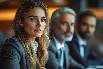 A team of professional lawyers in a modern office reviews legal documents, discussing strategies for a case. Generative AI