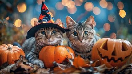 Fototapeta premium Two cute kittens in Halloween costumes surrounded by pumpkins and festive lights, creating a cozy autumnal atmosphere.