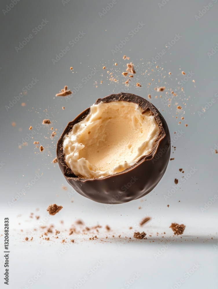 Poster chocolate egg with a bite taken out of it. the egg is dark brown in color and has a smooth texture. 