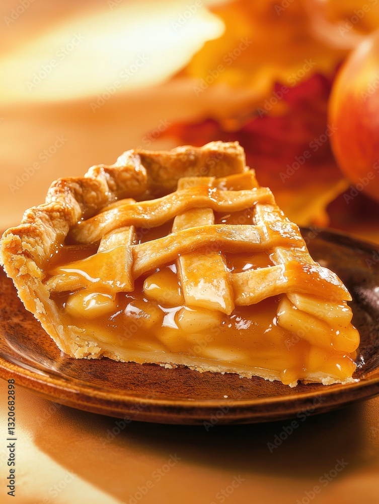 Poster close-up of a slice of apple pie on a brown plate. the pie has a golden brown crust and a lattice-li