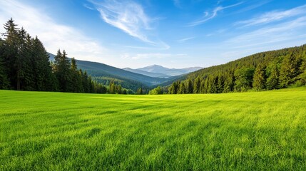 Fototapeta premium Ecological impact sustainability recovery concept. Lush green meadow with trees and mountains under a bright blue sky.