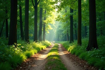 Obraz premium Serene Forest Path Sunlit Canopy, Lush Undergrowth, and a Gentle Winding Trail