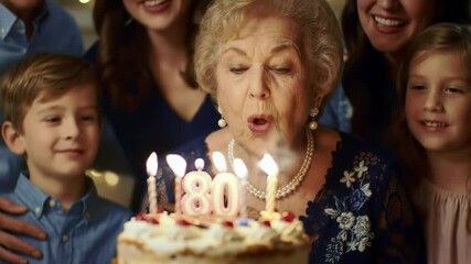 Senior woman blowing out birthday cake candles surrounded by family, elderly grandmother celebration with grandchildren, joyful multigenerational moment, aging and family traditions