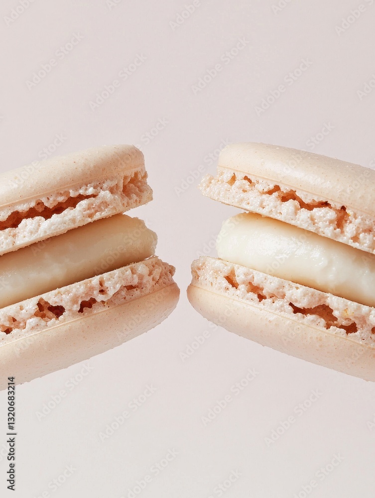 Poster Two macarons stacked on top of each other. the macaroons are light pink in color and have a smooth texture.