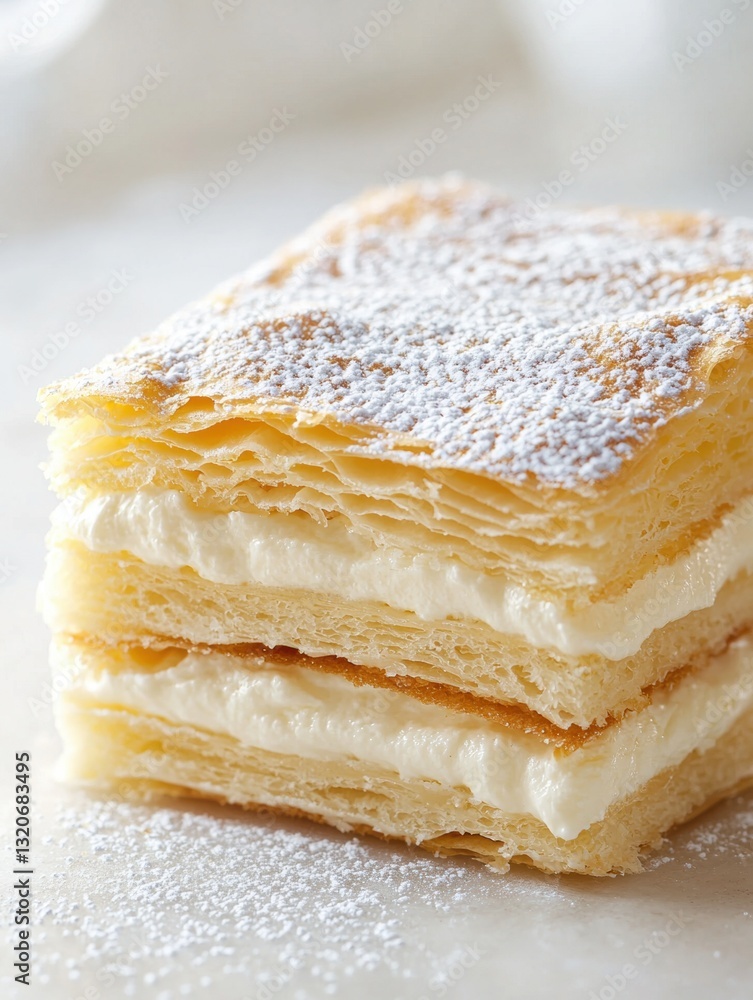 Poster close-up of a stack of three layers of a dessert. the layers are golden brown in color and have a fl