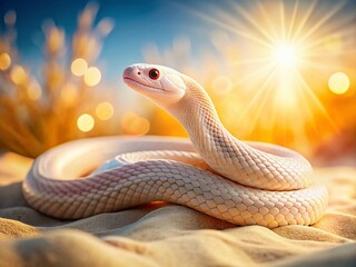 Fototapeta premium Albino Cobra Snake on Sand Dune, Bokeh Background - Wildlife Stock Photo