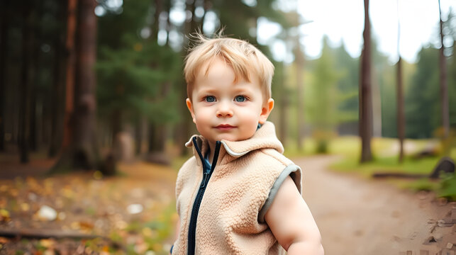 Little three years old boy outdoors portrait. Toddler boy walking in a park. Cute boy in fleece jacket and sleeveless jerkin on camping or picnic in a forest
